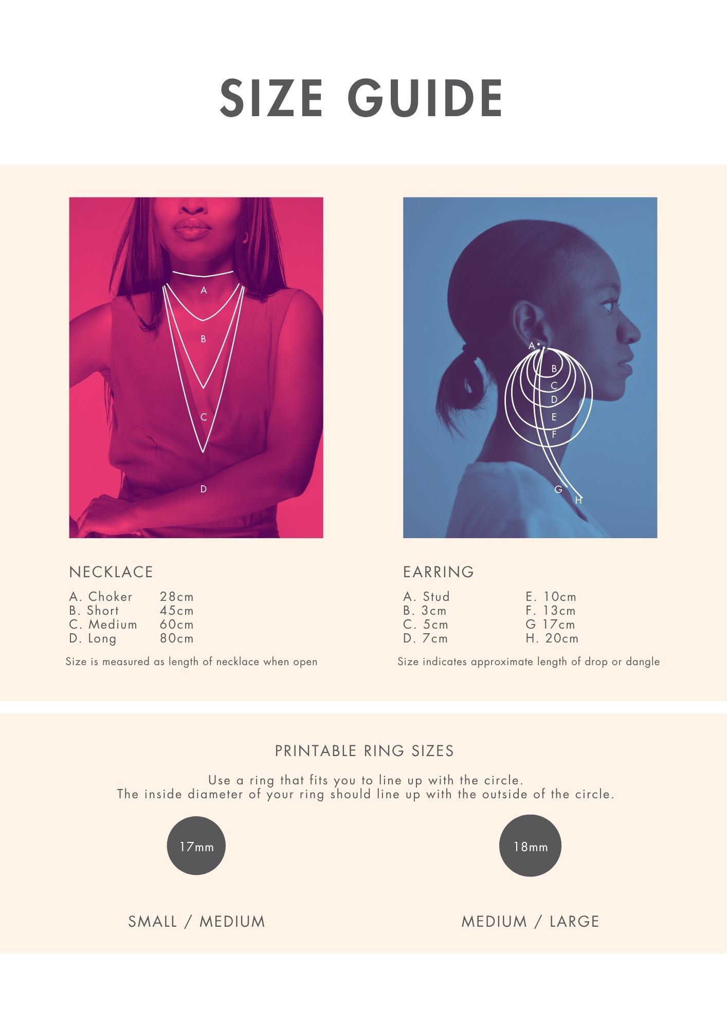 SIZE GUIDE earrings, necklaces and rings