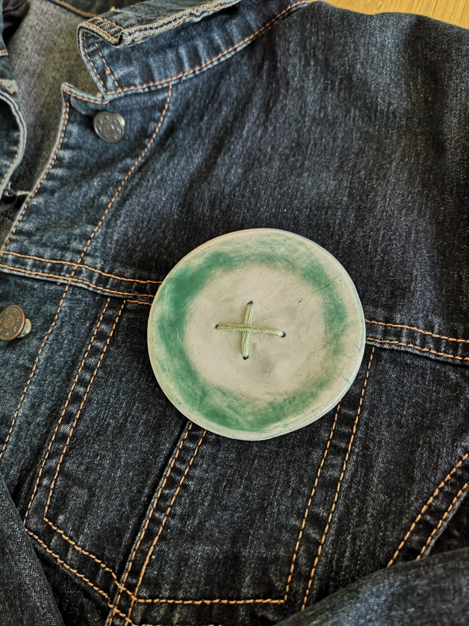 big green handmade button brooch